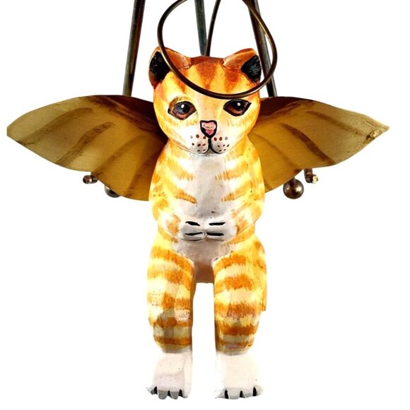 Folk Art Handcrafted Angel Cat Shelf Sitter Yellow & White With Wings 6x5.5" - Picture 5 of 13